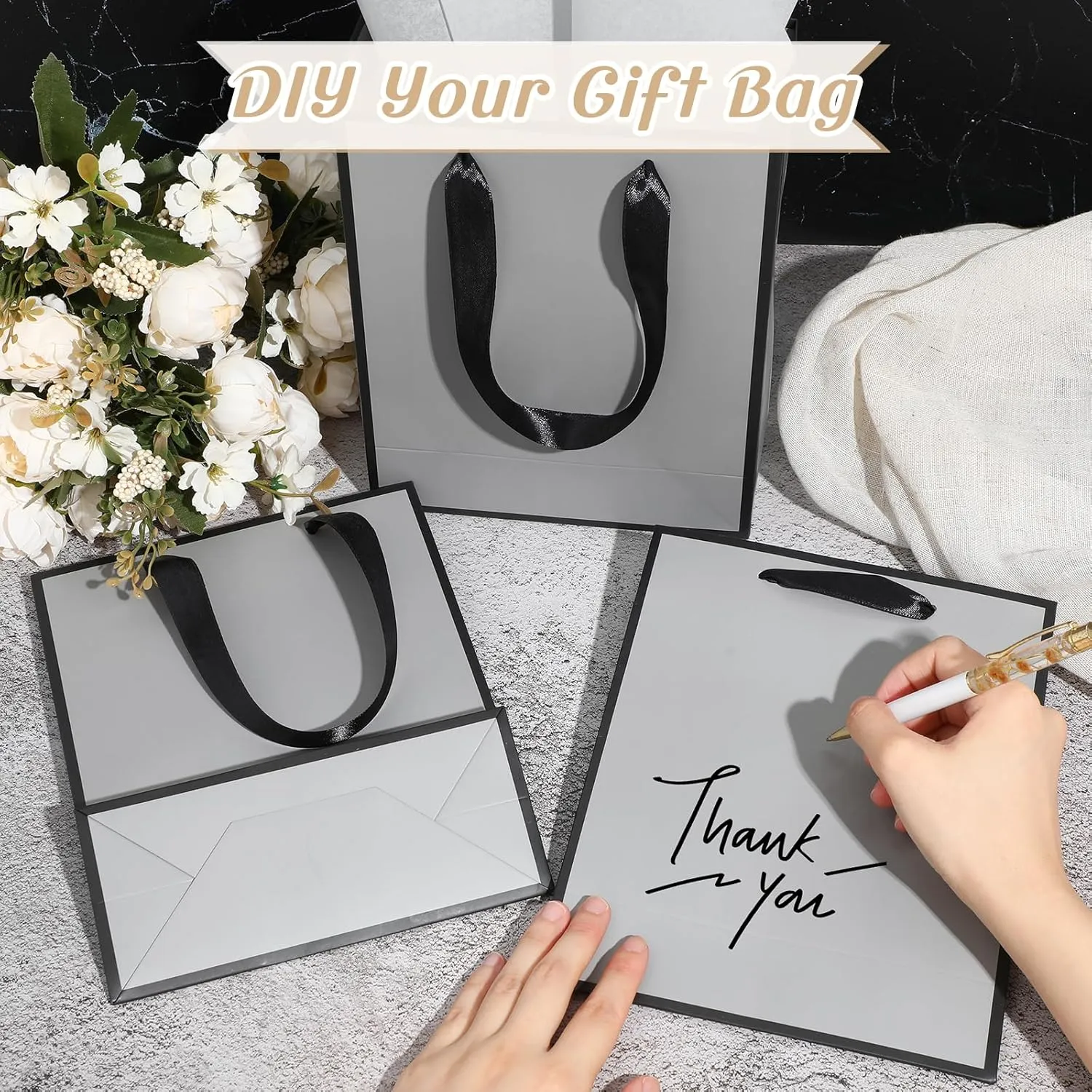 Yeaqee 24 Pack Metallic Paper Gift Bags with Handle and Tissue 9x7x3.1 Welcome Gift Thank You Bags for Wedding Bridal Shower Groomsmen Holidays Birthday Party(Gray, Black)