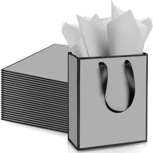 Yeaqee 24 Pack Metallic Paper Gift Bags with Handle and Tissue 9x7x3.1 Welcome Gift Thank You Bags for Wedding Bridal Shower Groomsmen Holidays Birthday Party(Gray, Black)