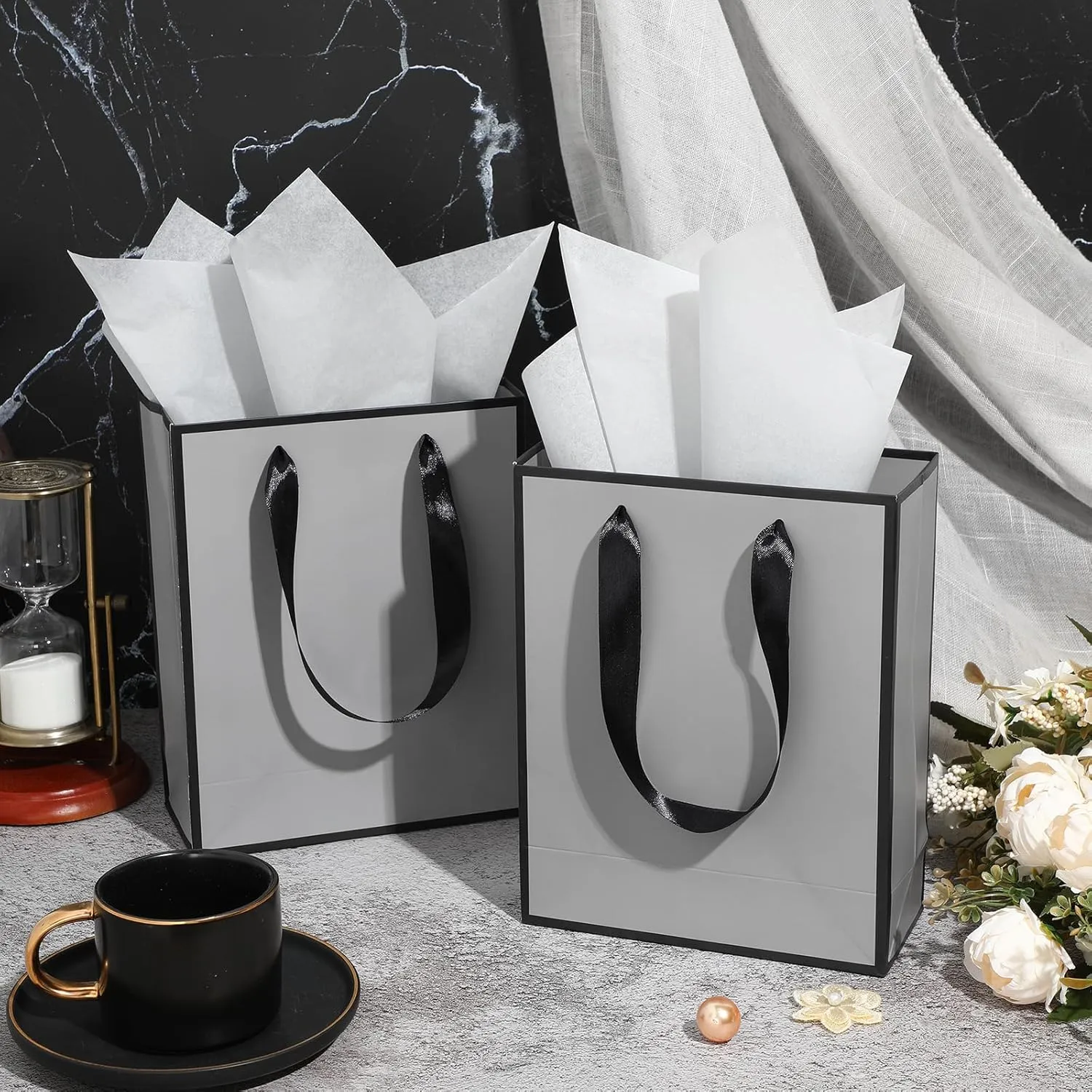 Yeaqee 24 Pack Metallic Paper Gift Bags with Handle and Tissue 9x7x3.1 Welcome Gift Thank You Bags for Wedding Bridal Shower Groomsmen Holidays Birthday Party(Gray, Black)