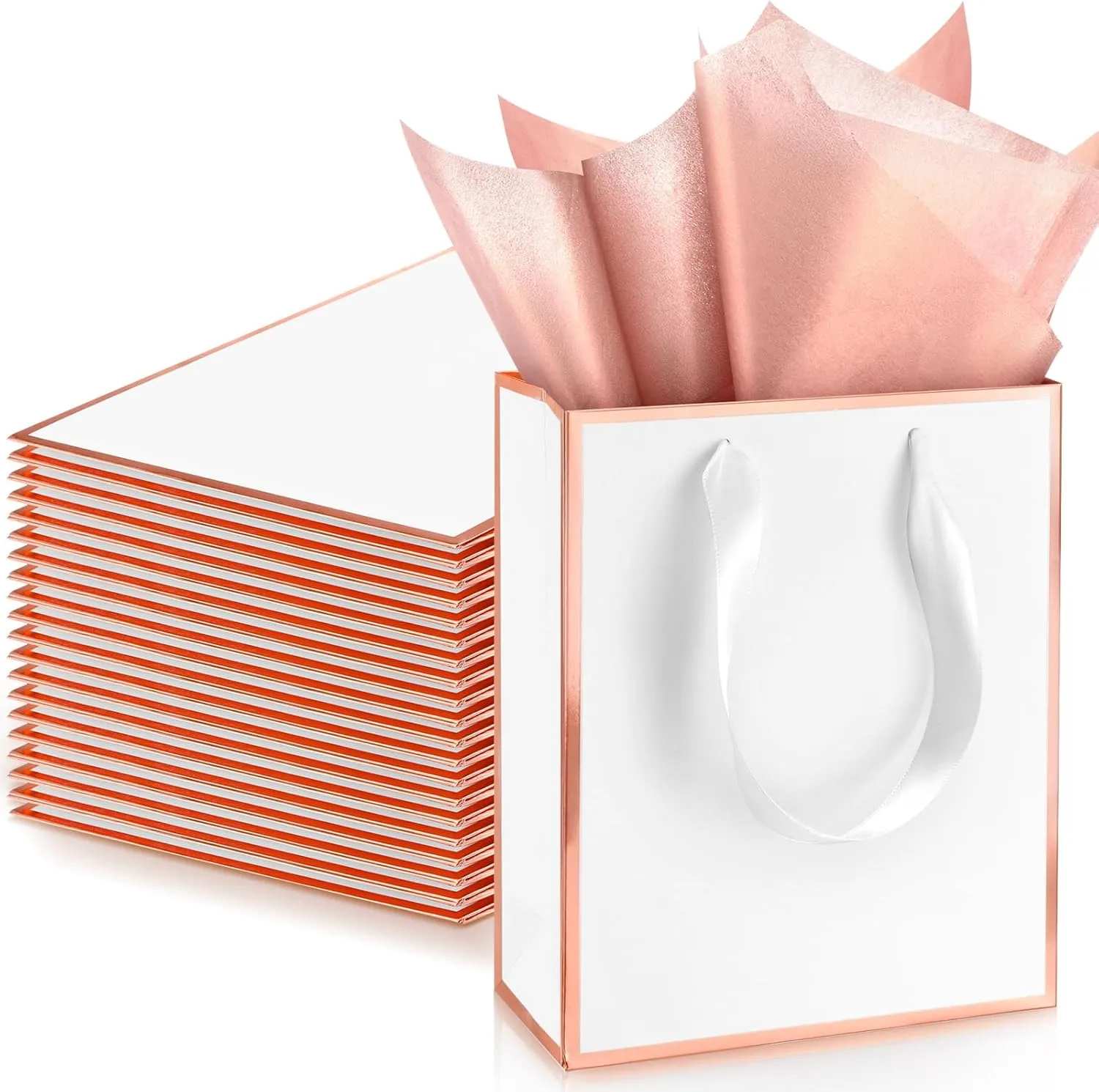 Yeaqee 24 Pack Metallic Paper Gift Bags with Handle and Tissue 9x7x3.1 Welcome Gift Thank You Bags for Wedding Bridal Shower Groomsmen Holidays Birthday Party(White, Rose Gold)