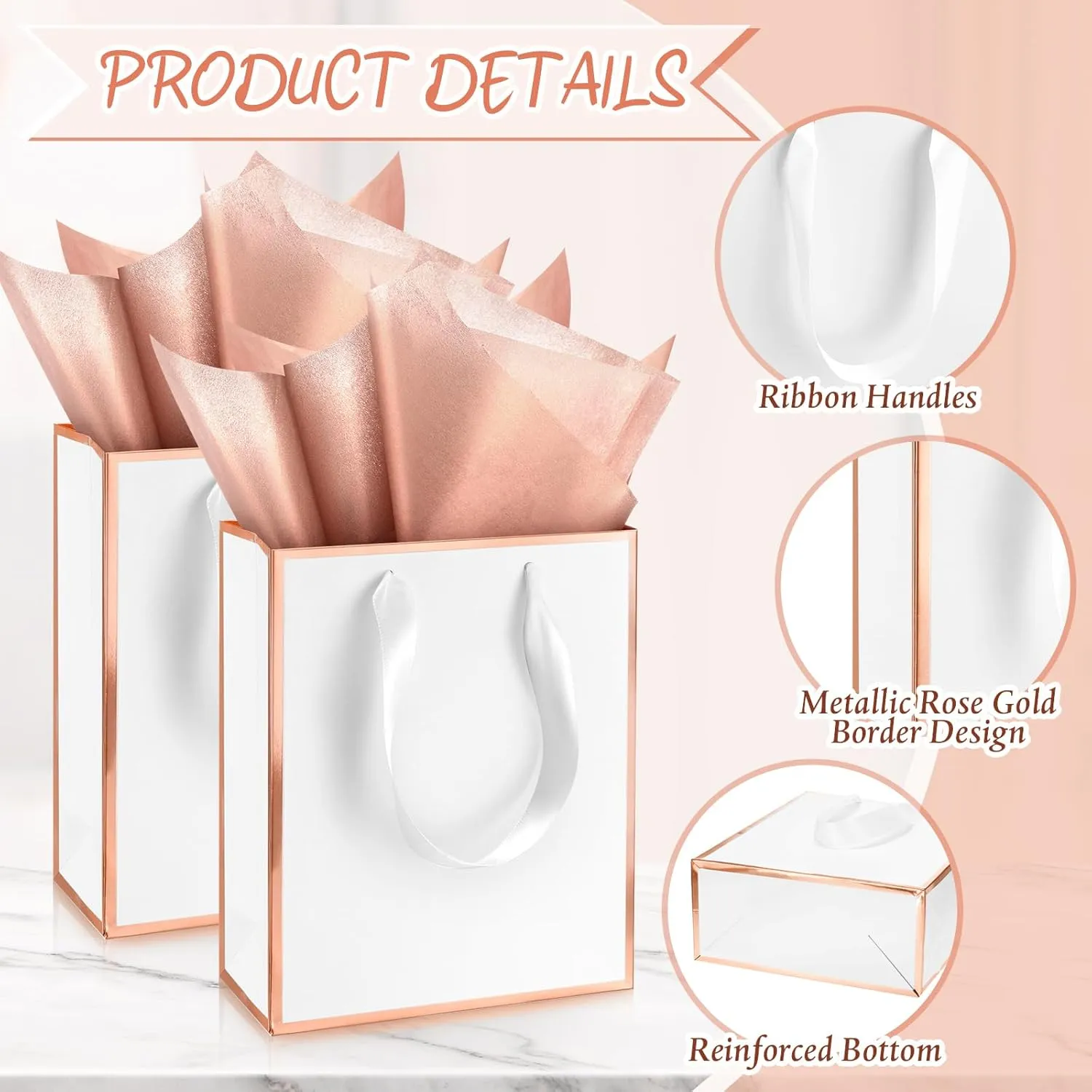 Yeaqee 24 Pack Metallic Paper Gift Bags with Handle and Tissue 9x7x3.1 Welcome Gift Thank You Bags for Wedding Bridal Shower Groomsmen Holidays Birthday Party(White, Rose Gold)