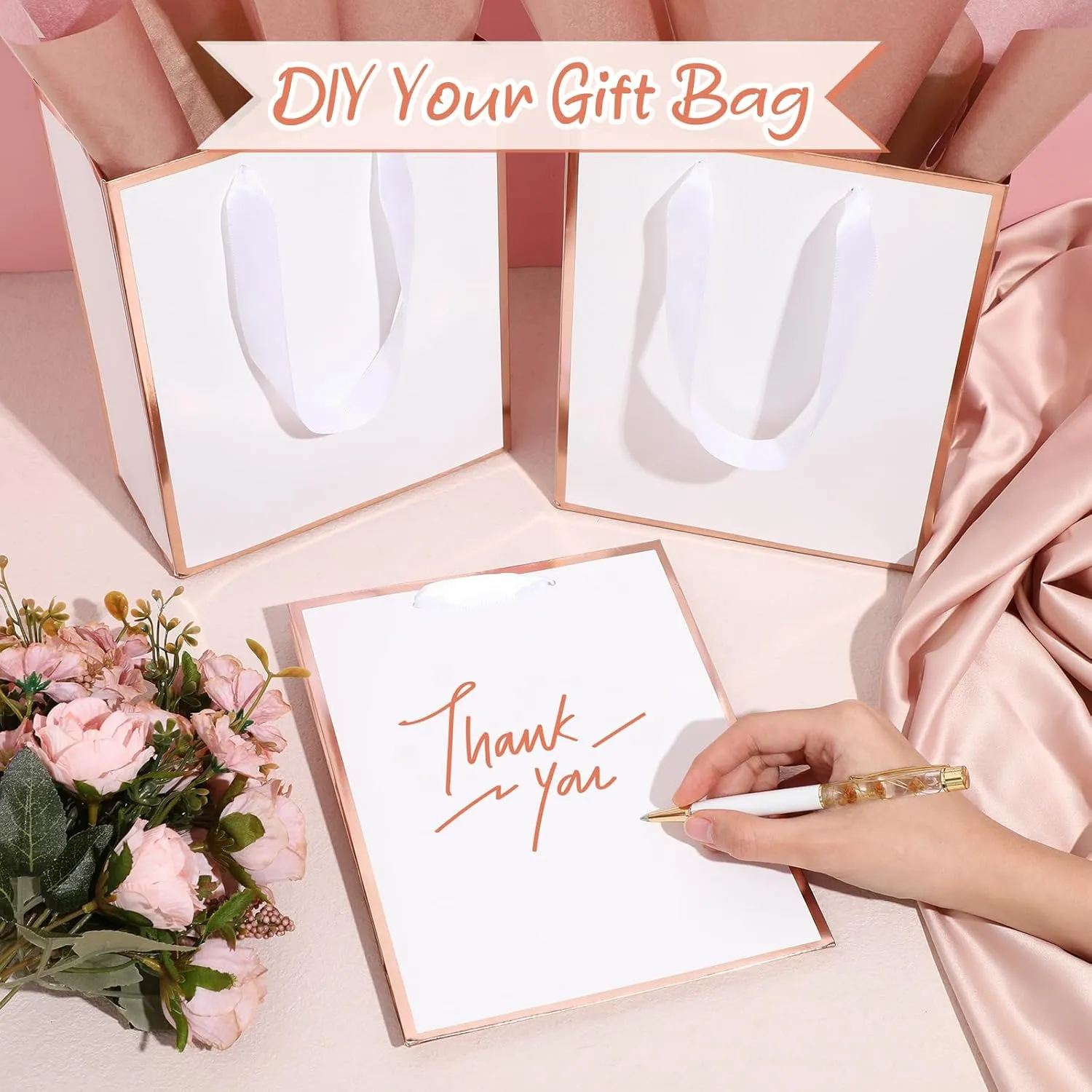 Yeaqee 24 Pack Metallic Paper Gift Bags with Handle and Tissue 9x7x3.1 Welcome Gift Thank You Bags for Wedding Bridal Shower Groomsmen Holidays Birthday Party(White, Rose Gold)