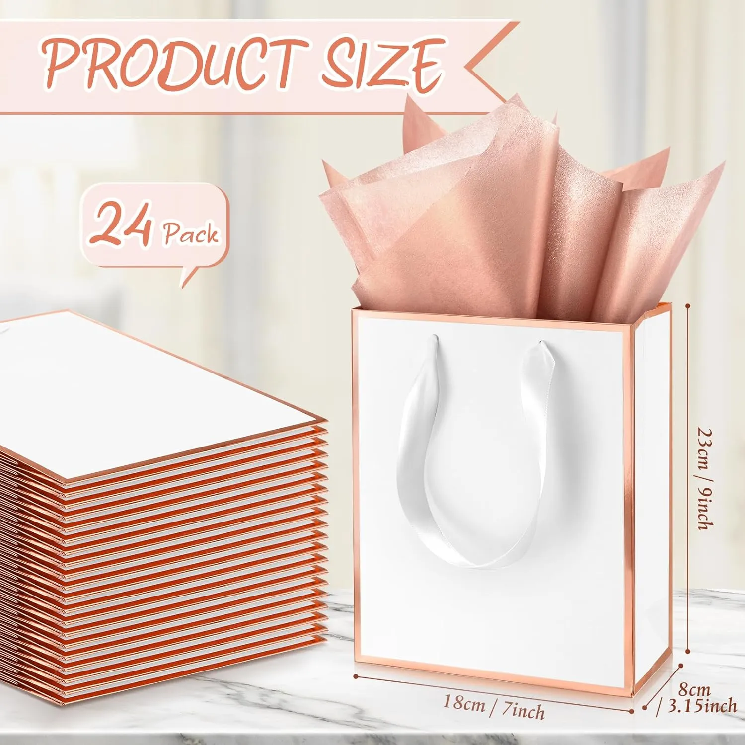 Yeaqee 24 Pack Metallic Paper Gift Bags with Handle and Tissue 9x7x3.1 Welcome Gift Thank You Bags for Wedding Bridal Shower Groomsmen Holidays Birthday Party(White, Rose Gold)