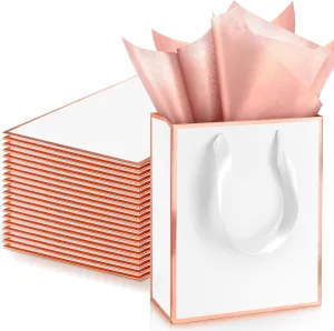 Yeaqee 24 Pack Metallic Paper Gift Bags with Handle and Tissue 9x7x3.1 Welcome Gift Thank You Bags for Wedding Bridal Shower Groomsmen Holidays Birthday Party(White, Rose Gold)