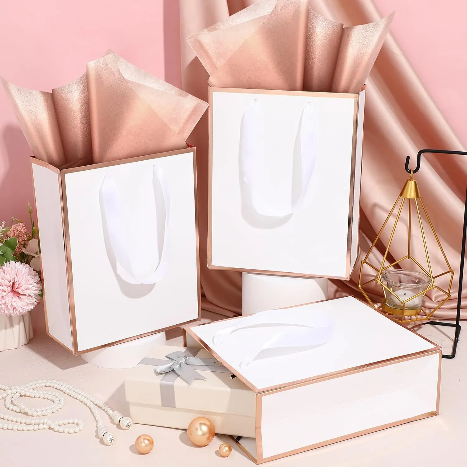 Yeaqee 24 Pack Metallic Paper Gift Bags with Handle and Tissue 9x7x3.1 Welcome Gift Thank You Bags for Wedding Bridal Shower Groomsmen Holidays Birthday Party(White, Rose Gold)