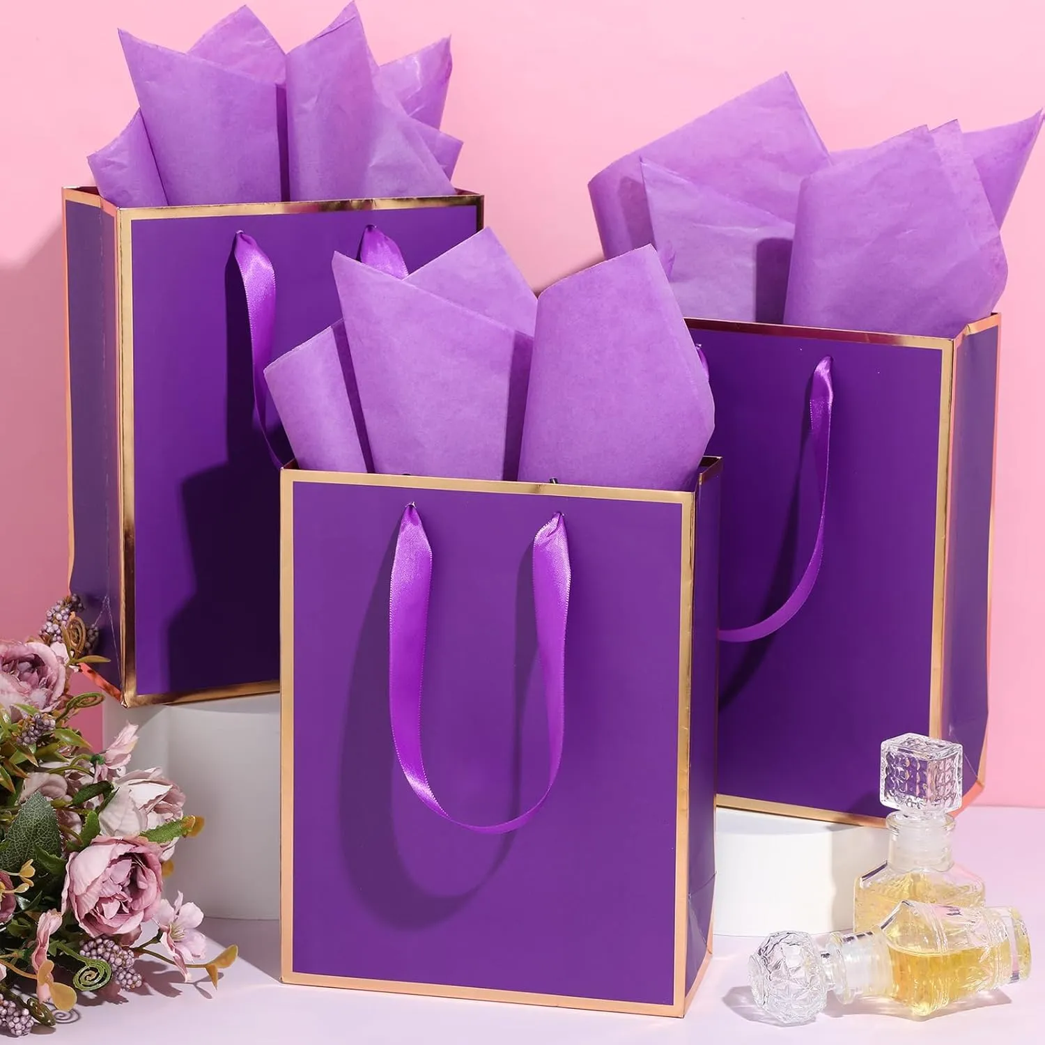 Yeaqee 50 Pack Metallic Gift Bags with Handle and Tissue Paper for Wedding Graduation Holiday Bridesmaid Thank You 5 Senses Gift Bag for Her Him Birthday 9 x 7 x 3.15''(Purple and Gold)