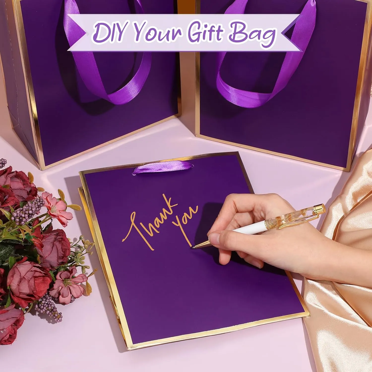 Yeaqee 50 Pack Metallic Gift Bags with Handle and Tissue Paper for Wedding Graduation Holiday Bridesmaid Thank You 5 Senses Gift Bag for Her Him Birthday 9 x 7 x 3.15''(Purple and Gold)