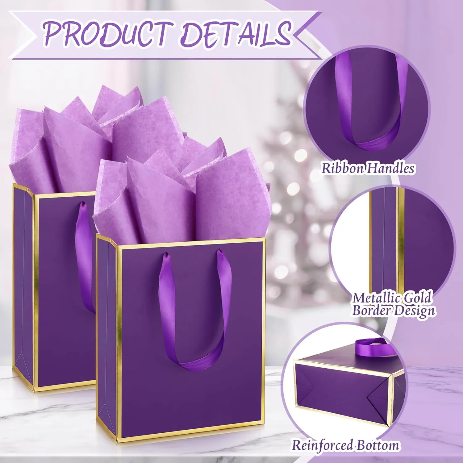 Yeaqee 50 Pack Metallic Gift Bags with Handle and Tissue Paper for Wedding Graduation Holiday Bridesmaid Thank You 5 Senses Gift Bag for Her Him Birthday 9 x 7 x 3.15''(Purple and Gold)
