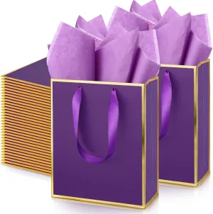 Yeaqee 50 Pack Metallic Gift Bags with Handle and Tissue Paper for Wedding Graduation Holiday Bridesmaid Thank You 5 Senses Gift Bag for Her Him Birthday 9 x 7 x 3.15''(Purple and Gold)