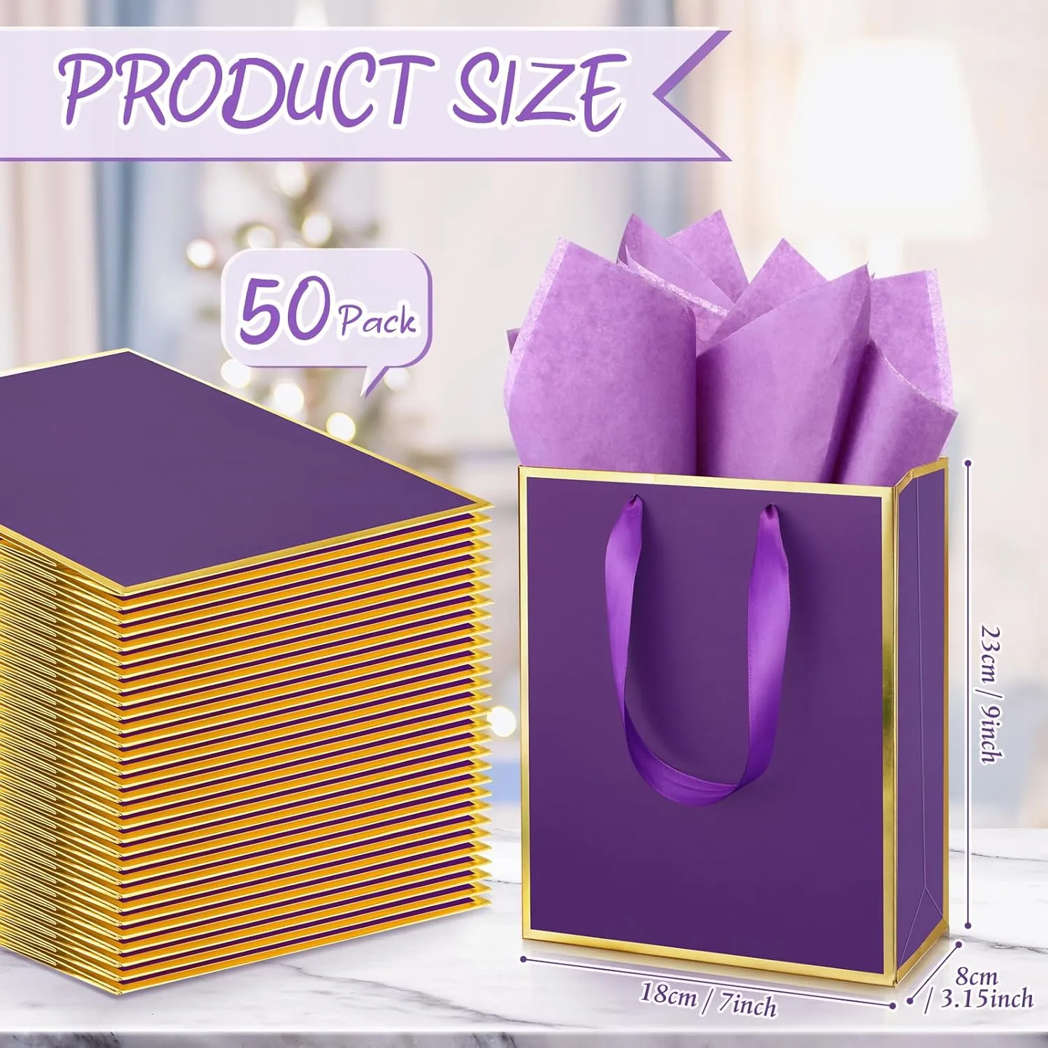 Yeaqee 50 Pack Metallic Gift Bags with Handle and Tissue Paper for Wedding Graduation Holiday Bridesmaid Thank You 5 Senses Gift Bag for Her Him Birthday 9 x 7 x 3.15''(Purple and Gold)