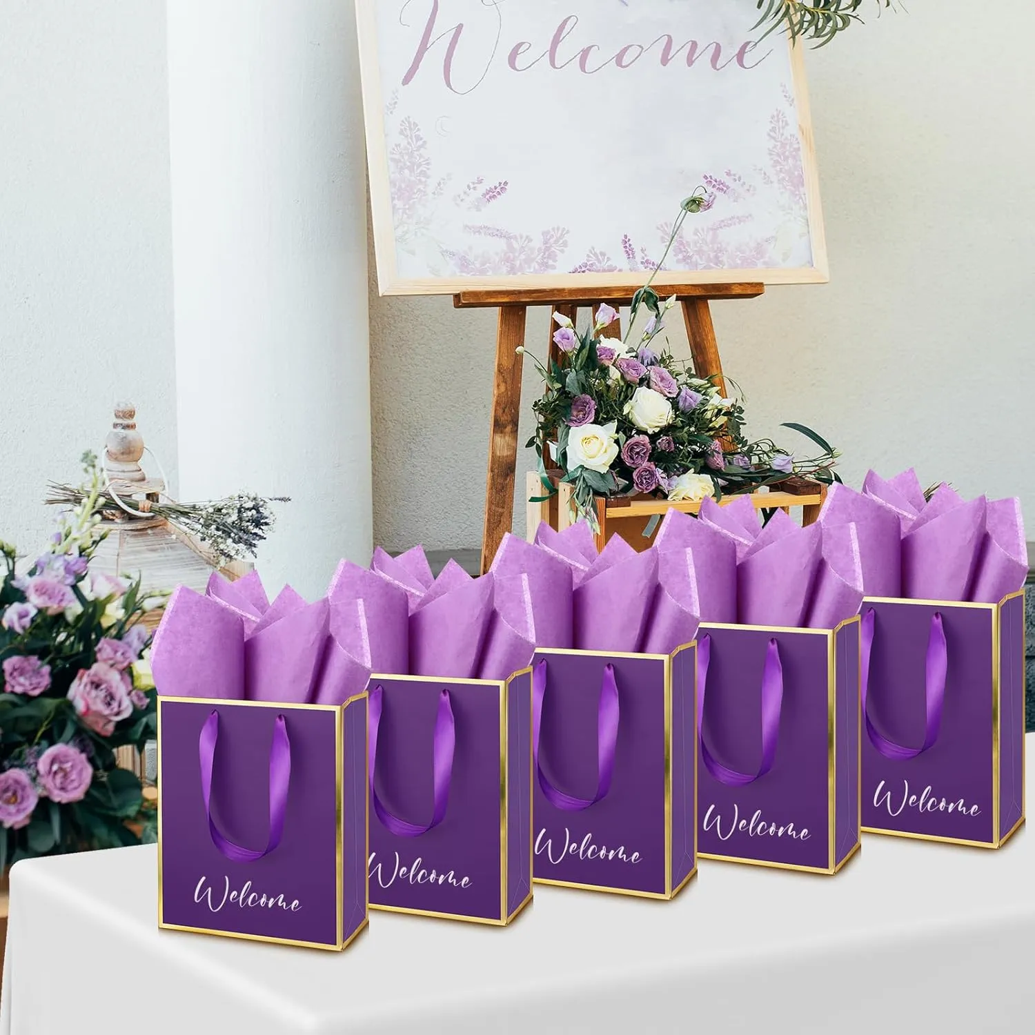 Yeaqee 50 Pack Metallic Gift Bags with Handle and Tissue Paper for Wedding Graduation Holiday Bridesmaid Thank You 5 Senses Gift Bag for Her Him Birthday 9 x 7 x 3.15''(Purple and Gold)