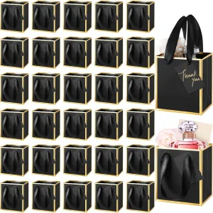 Yeaqee 50 Pcs Mini Metallic Paper Gift Bags with Handles 4x2.75x4.5'' Tiny Small Gift Bags with Thank You Tag for Wedding Favor Mother's Day Graduation Birthday Welcome Return Gifts(Black, Gold)