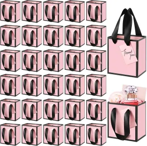 Yeaqee 50 Pcs Mini Metallic Paper Gift Bags with Handles 4x2.75x4.5'' Tiny Small Gift Bags with Thank You Tag for Wedding Favor Mother's Day Graduation Birthday Welcome Return Gifts(Black, Light Pink)