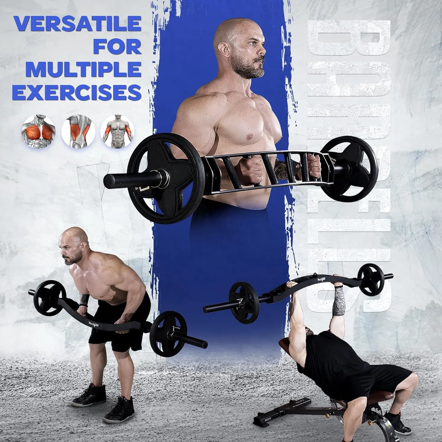 Yes4All Multi Grip Barbell & Cable Attachment - Swiss Bar, American Bar for Greater Range of Motion, with 2 Collars, Fits Olympic Weight Plates - Home Gym & Support Pressing, Lifting & Curls