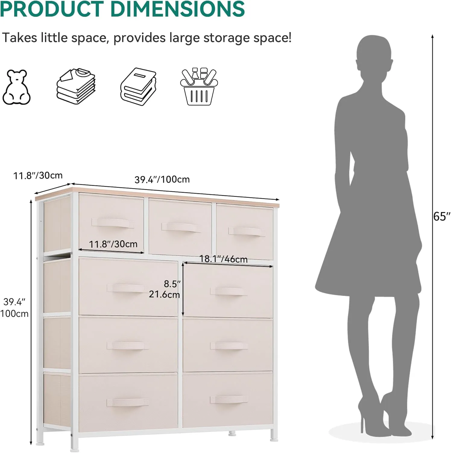 YITAHOME Dresser for Bedroom with 9 Drawers - Organizer Unit for Living Room, Hallway, Closets (Cream White)