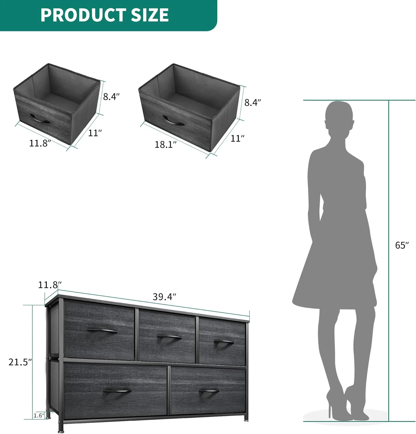 YITAHOME Dresser with 5 Drawers - Fabric Storage Tower, Organizer Unit for Bedroom, Living Room, Closets - Sturdy Steel Frame, Wooden Top (Cool Black Wood Grain)