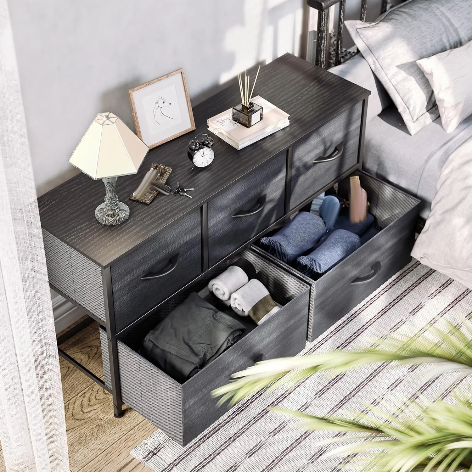 YITAHOME Dresser with 5 Drawers - Fabric Storage Tower, Organizer Unit for Bedroom, Living Room, Closets - Sturdy Steel Frame, Wooden Top (Cool Black Wood Grain)
