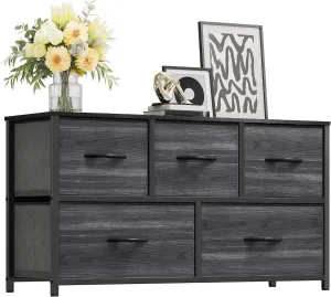 YITAHOME Dresser with 5 Drawers - Fabric Storage Tower, Organizer Unit for Bedroom, Living Room, Closets - Sturdy Steel Frame, Wooden Top (Cool Black Wood Grain)