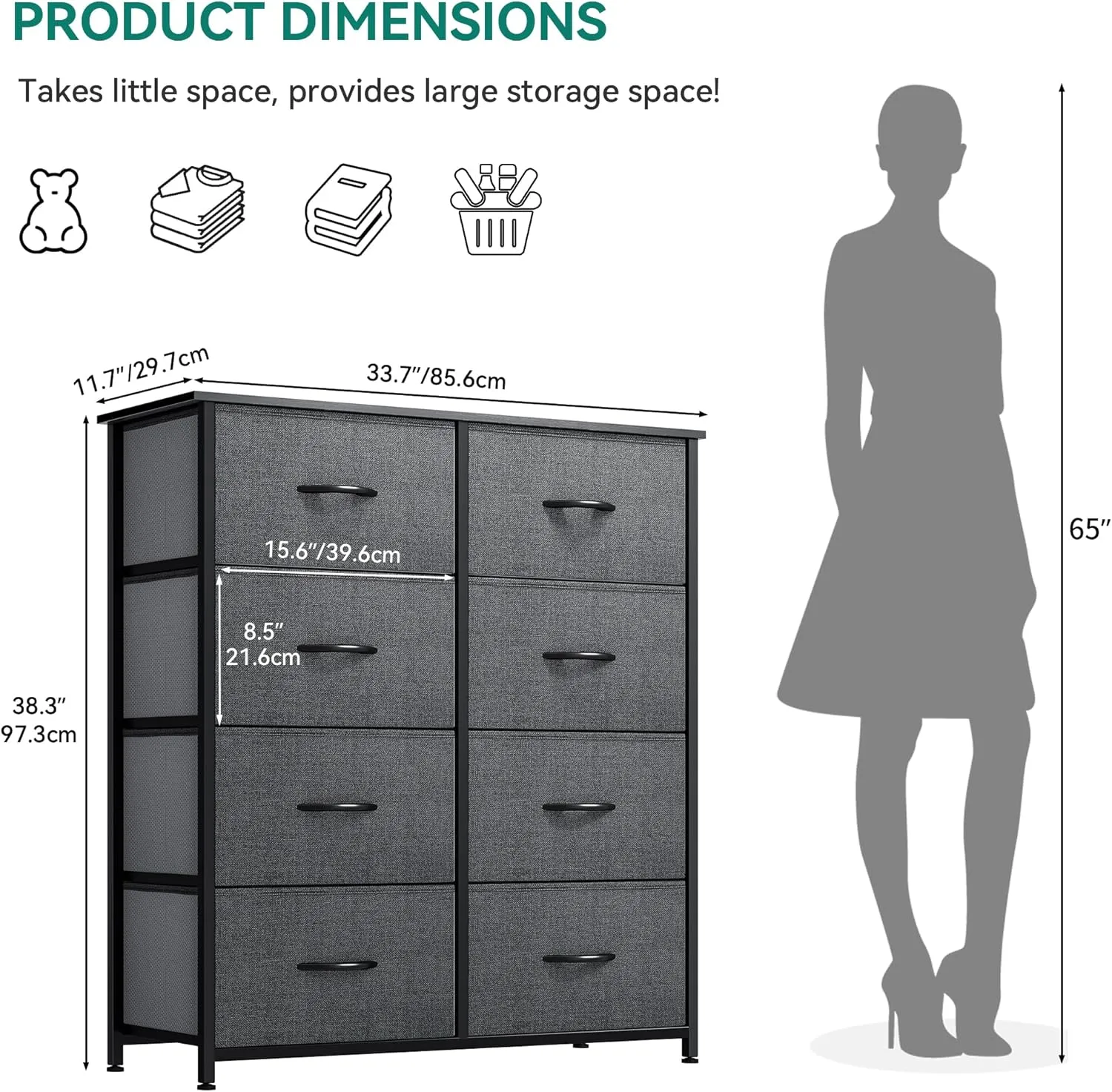 YITAHOME Dresser with 8 Drawers - Fabric Storage Tower, Organizer Unit for Bedroom, Living Room, Hallway, Closets & Nursery - Sturdy Steel Frame, Wooden Top & Easy Pull Fabric Bins (Charcoal)