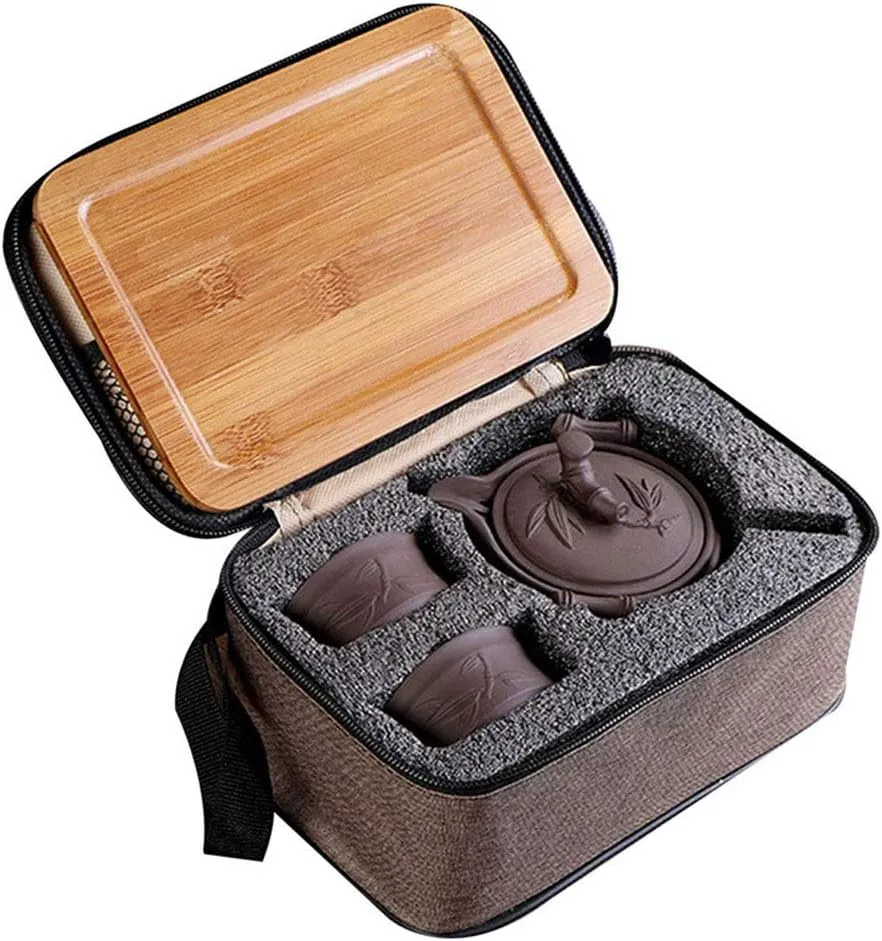 Yixing Purple Clay Travel Tea Set - Kungfu Teapot, Teacups, Wooden Tea Tray, Portable Travel Bag