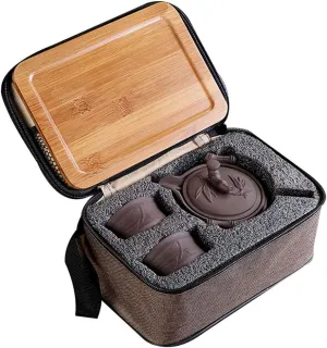 Yixing Purple Clay Travel Tea Set - Kungfu Teapot, Teacups, Wooden Tea Tray, Portable Travel Bag
