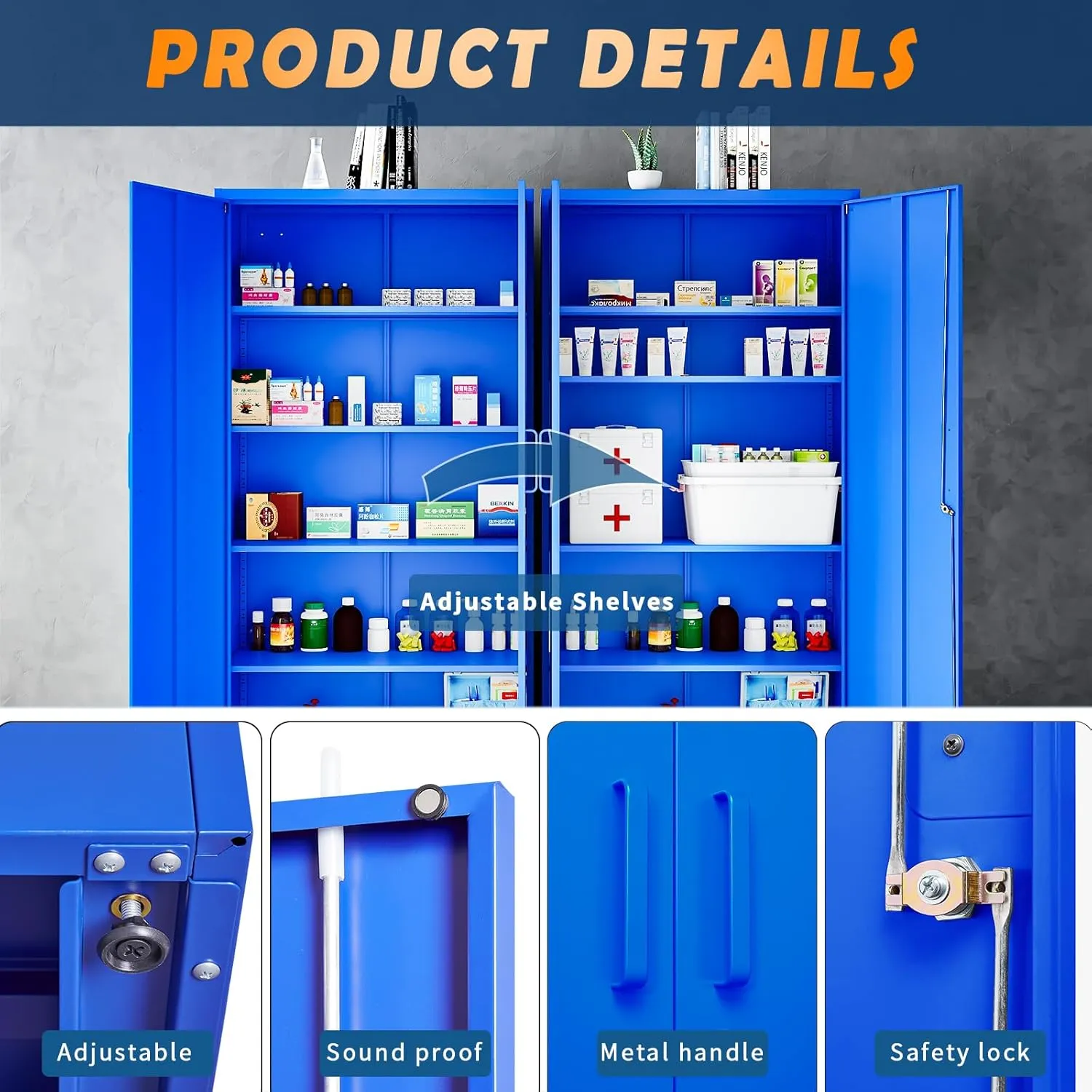 Yizosh Metal Garage Storage Cabinet with 2 Doors and 5 Adjustable Shelves - 71" Steel Lockable File Cabinet,Locking Tool Cabinets for Office,Home,Garage,Gym,School (Blue)