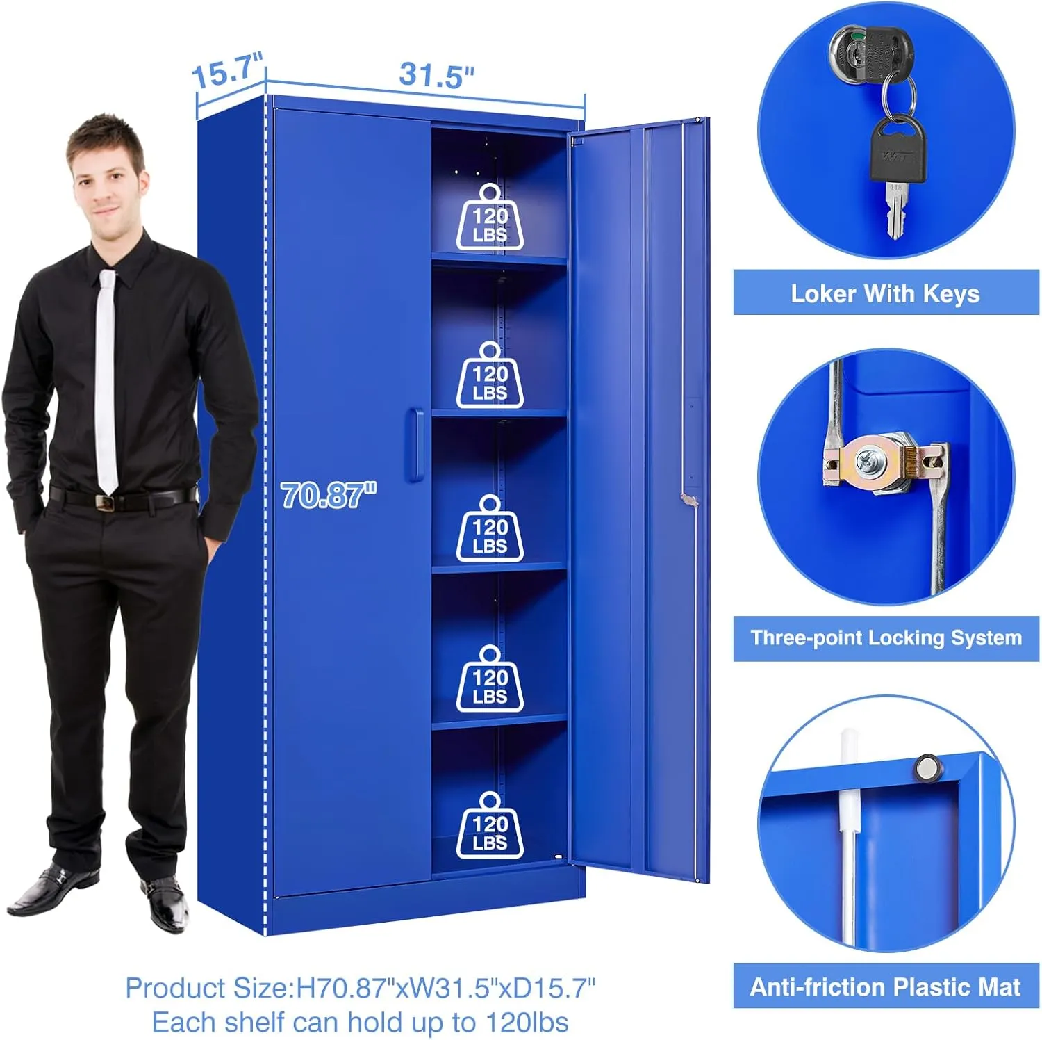Yizosh Metal Garage Storage Cabinet with 2 Doors and 5 Adjustable Shelves - 71" Steel Lockable File Cabinet,Locking Tool Cabinets for Office,Home,Garage,Gym,School (Blue)