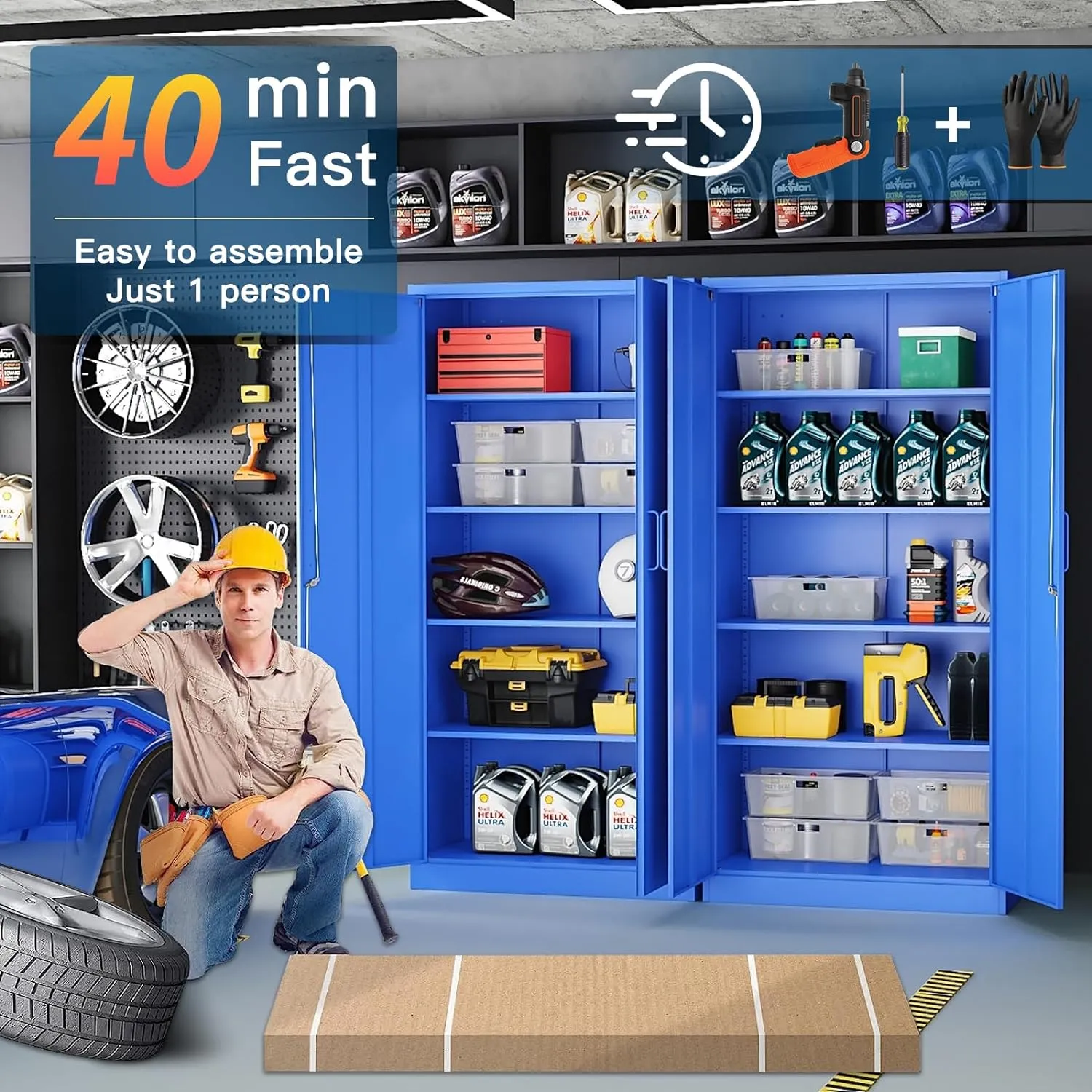 Yizosh Metal Garage Storage Cabinet with 2 Doors and 5 Adjustable Shelves - 71" Steel Lockable File Cabinet,Locking Tool Cabinets for Office,Home,Garage,Gym,School (Blue)