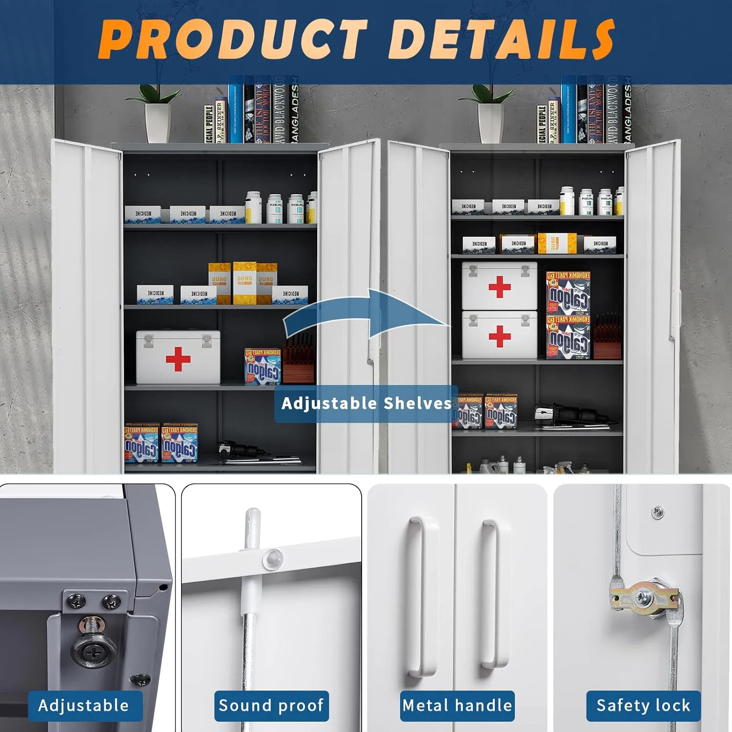 Yizosh Metal Garage Storage Cabinet with 2 Doors and 5 Adjustable Shelves - 71" Steel Lockable File Cabinet,Locking Tool Cabinets for Office,Home,Garage,Gym,School (Gray White)