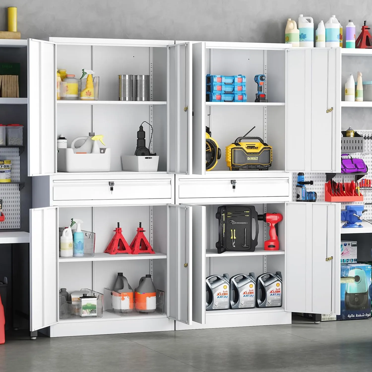 Yizosh Metal Garage Storage Cabinet with Locking Doors and Adjustable Shelves, Tool Storage Cabinet with 1 Drawer - 71" Steel Locking Cabinet for Garage, Warehouse (White)