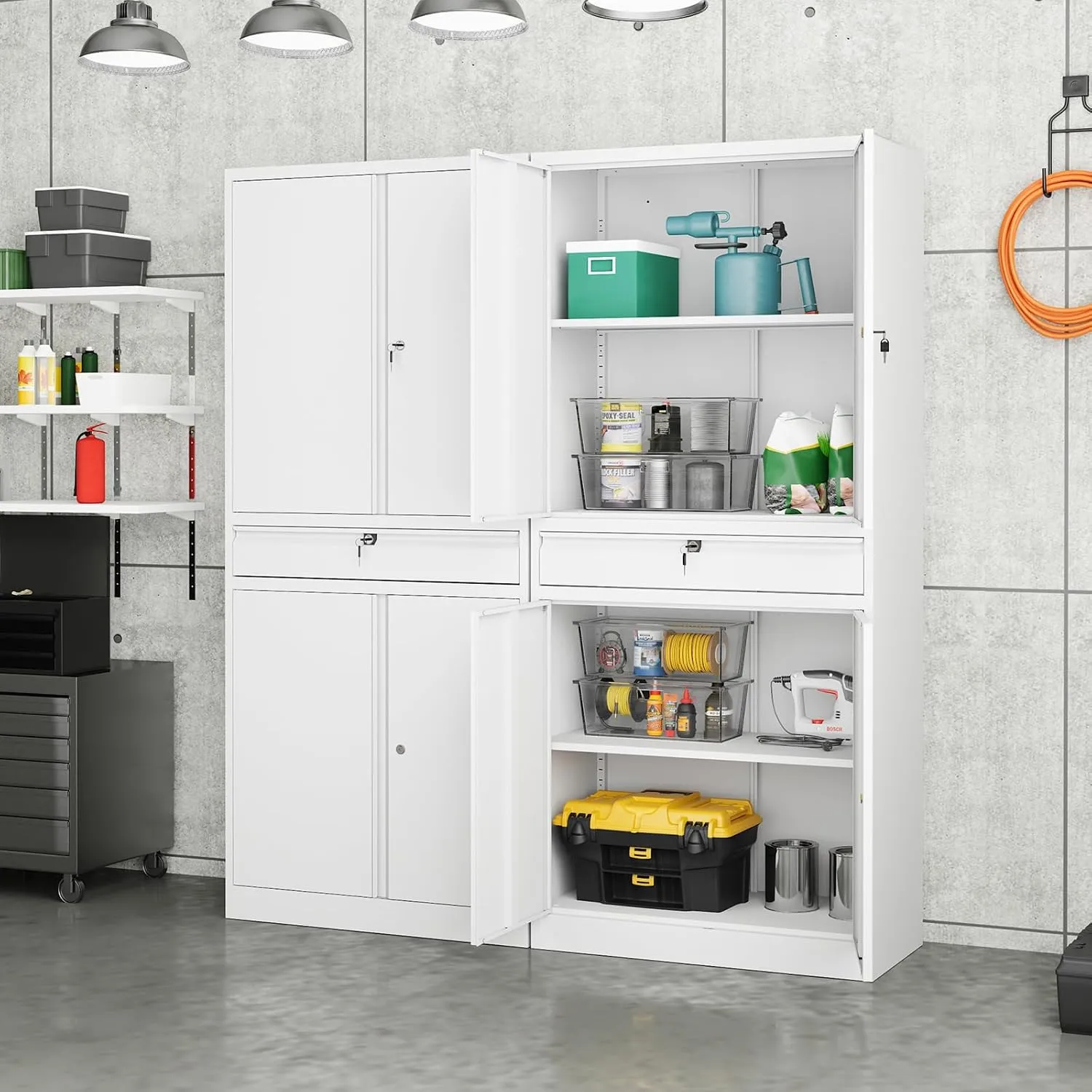 Yizosh Metal Garage Storage Cabinet with Locking Doors and Adjustable Shelves, Tool Storage Cabinet with 1 Drawer - 71" Steel Locking Cabinet for Garage, Warehouse (White)