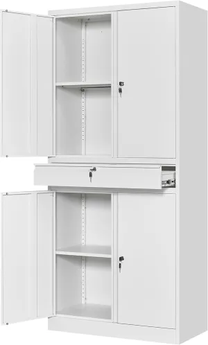 Yizosh Metal Garage Storage Cabinet with Locking Doors and Adjustable Shelves, Tool Storage Cabinet with 1 Drawer - 71" Steel Locking Cabinet for Garage, Warehouse (White)