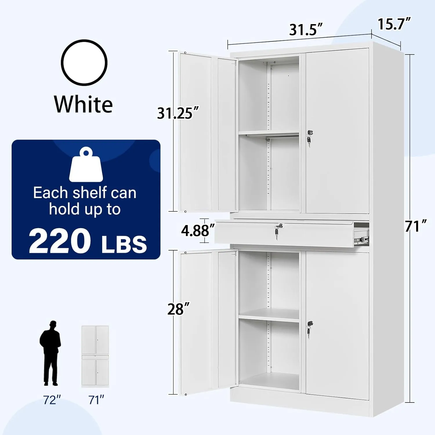 Yizosh Metal Garage Storage Cabinet with Locking Doors and Adjustable Shelves, Tool Storage Cabinet with 1 Drawer - 71" Steel Locking Cabinet for Garage, Warehouse (White)