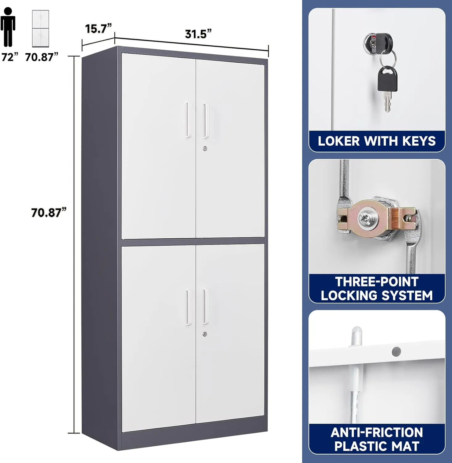 Yizosh Metal Storage Locking Cabinet with 4 Doors and 2 Adjustable Shelves,71" Lockable Garage Tall Steel Cabinet,for Home Office,Living Room,Pantry,Gym,Commercial Storage (Gray White)