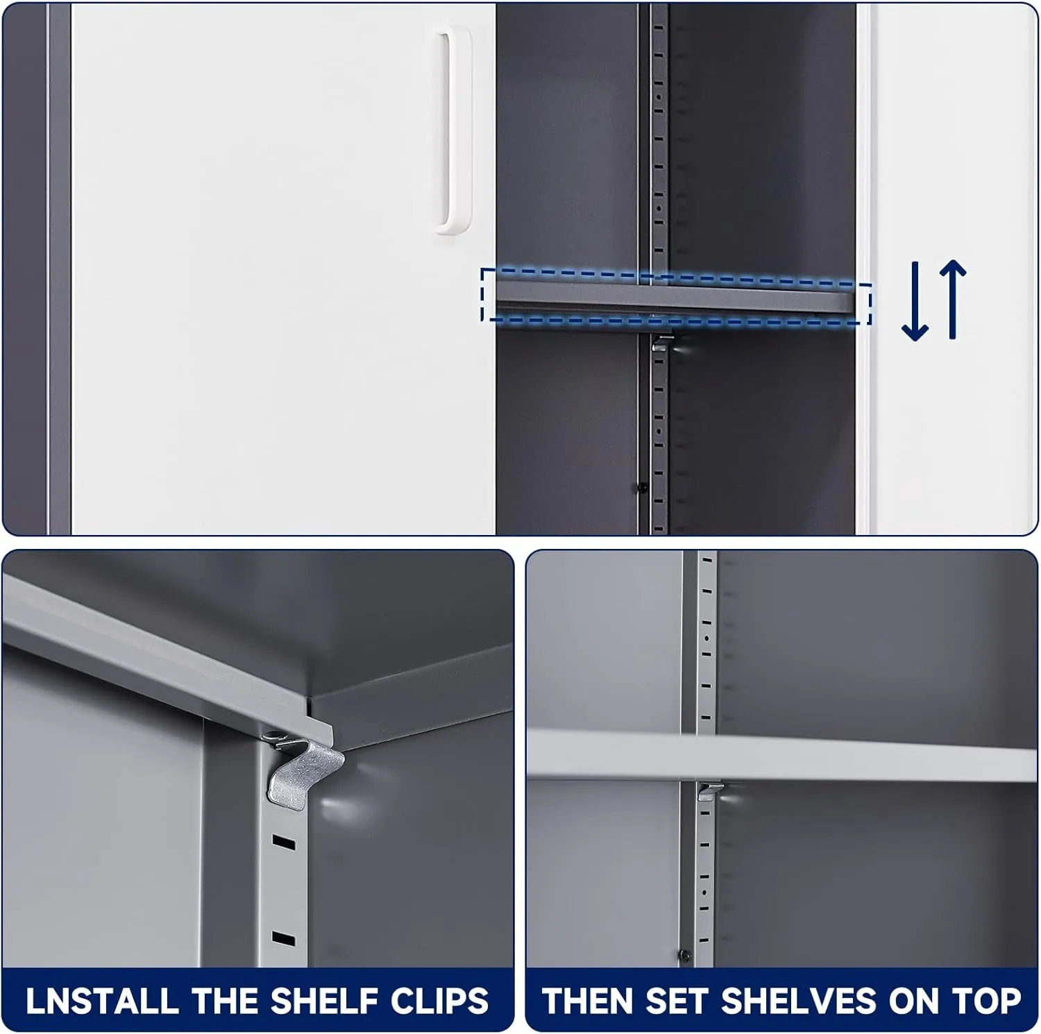 Yizosh Metal Storage Locking Cabinet with 4 Doors and 2 Adjustable Shelves,71" Lockable Garage Tall Steel Cabinet,for Home Office,Living Room,Pantry,Gym,Commercial Storage (Gray White)