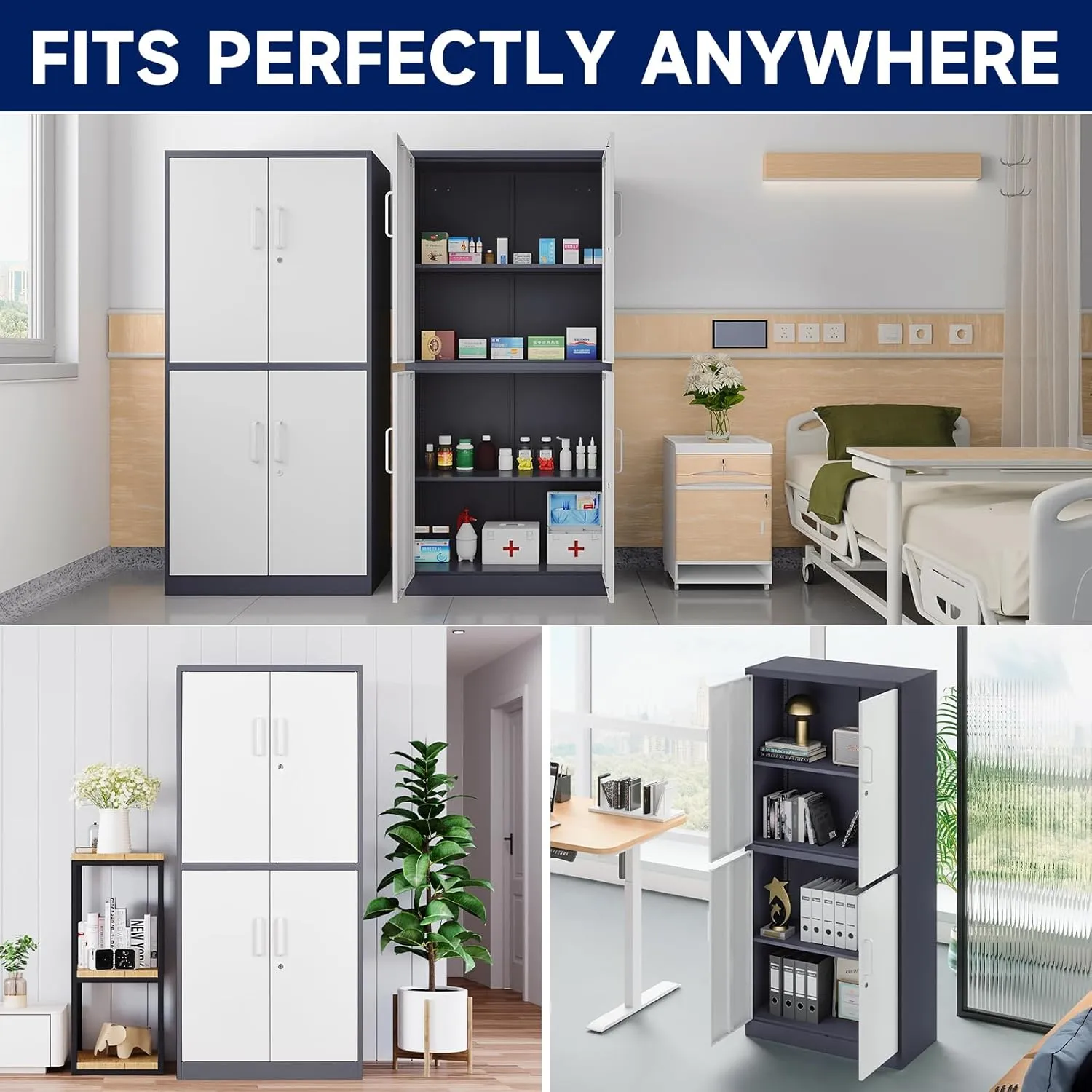 Yizosh Metal Storage Locking Cabinet with 4 Doors and 2 Adjustable Shelves,71" Lockable Garage Tall Steel Cabinet,for Home Office,Living Room,Pantry,Gym,Commercial Storage (Gray White)