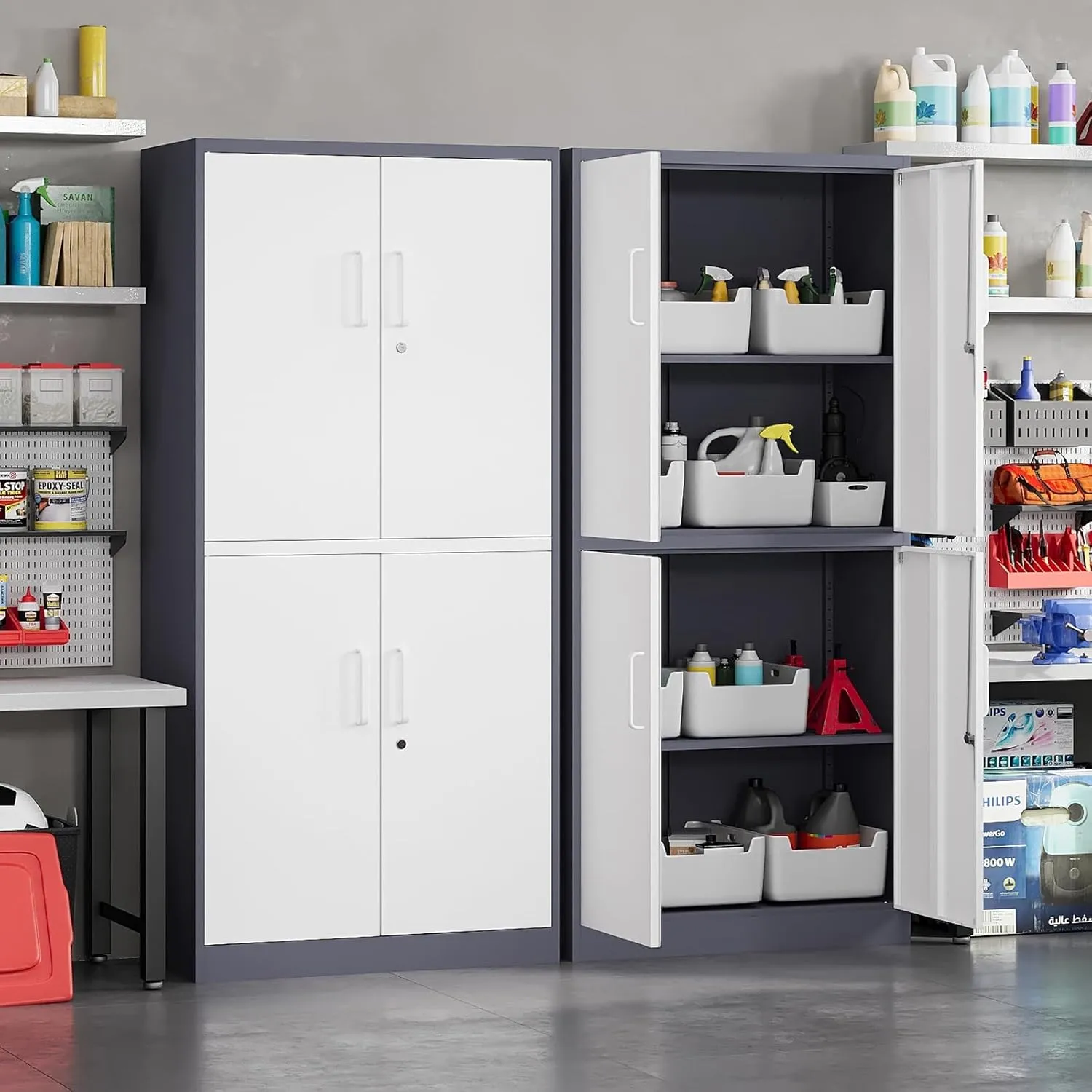 Yizosh Metal Storage Locking Cabinet with 4 Doors and 2 Adjustable Shelves,71" Lockable Garage Tall Steel Cabinet,for Home Office,Living Room,Pantry,Gym,Commercial Storage (Gray White)