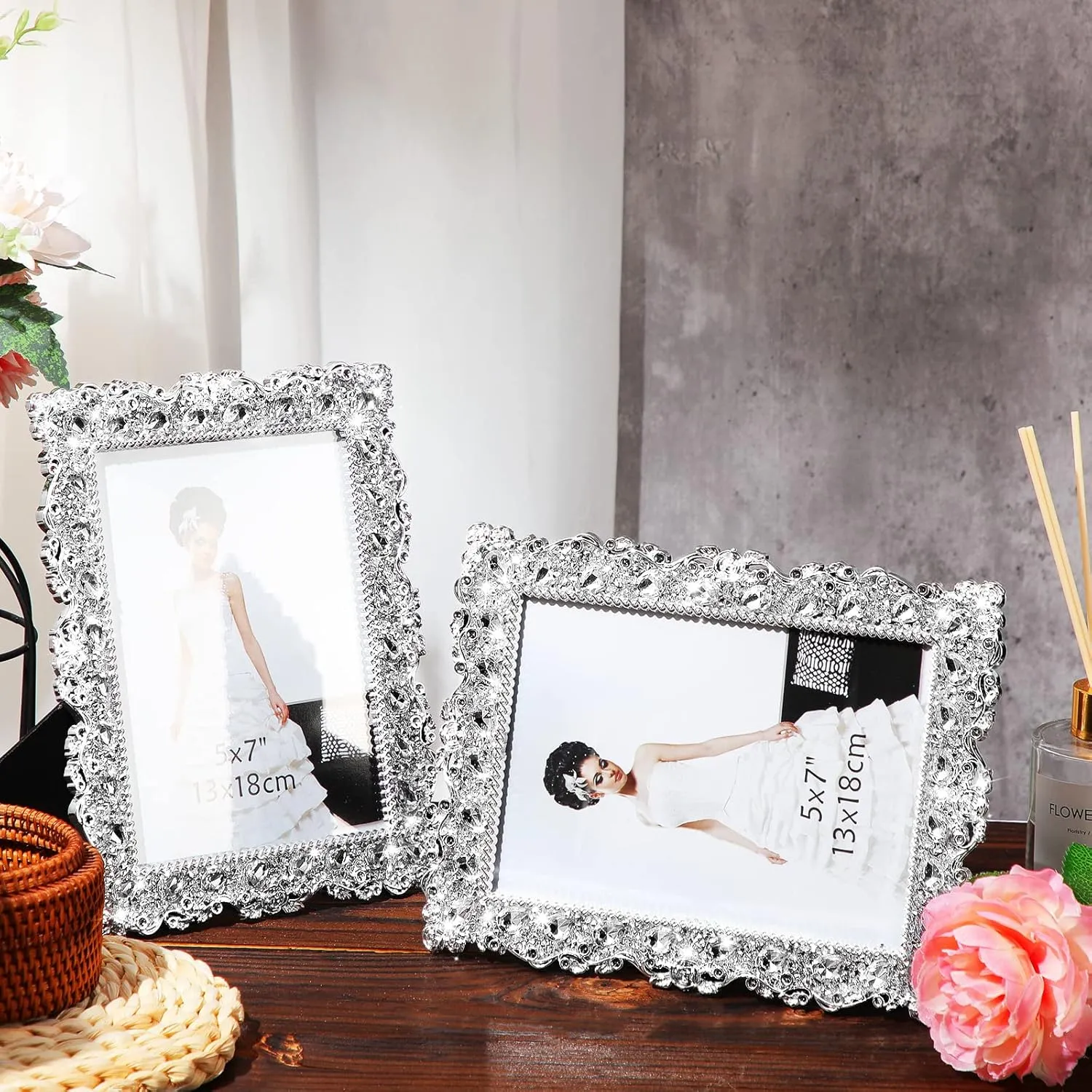 Yookeer 2 Pack 5 x 7 Inch Crystal Picture Frame Resin Wedding Photo Frame Jewel Picture with Rhinestones Photo Gift for Wedding Table Top Desktop Display
