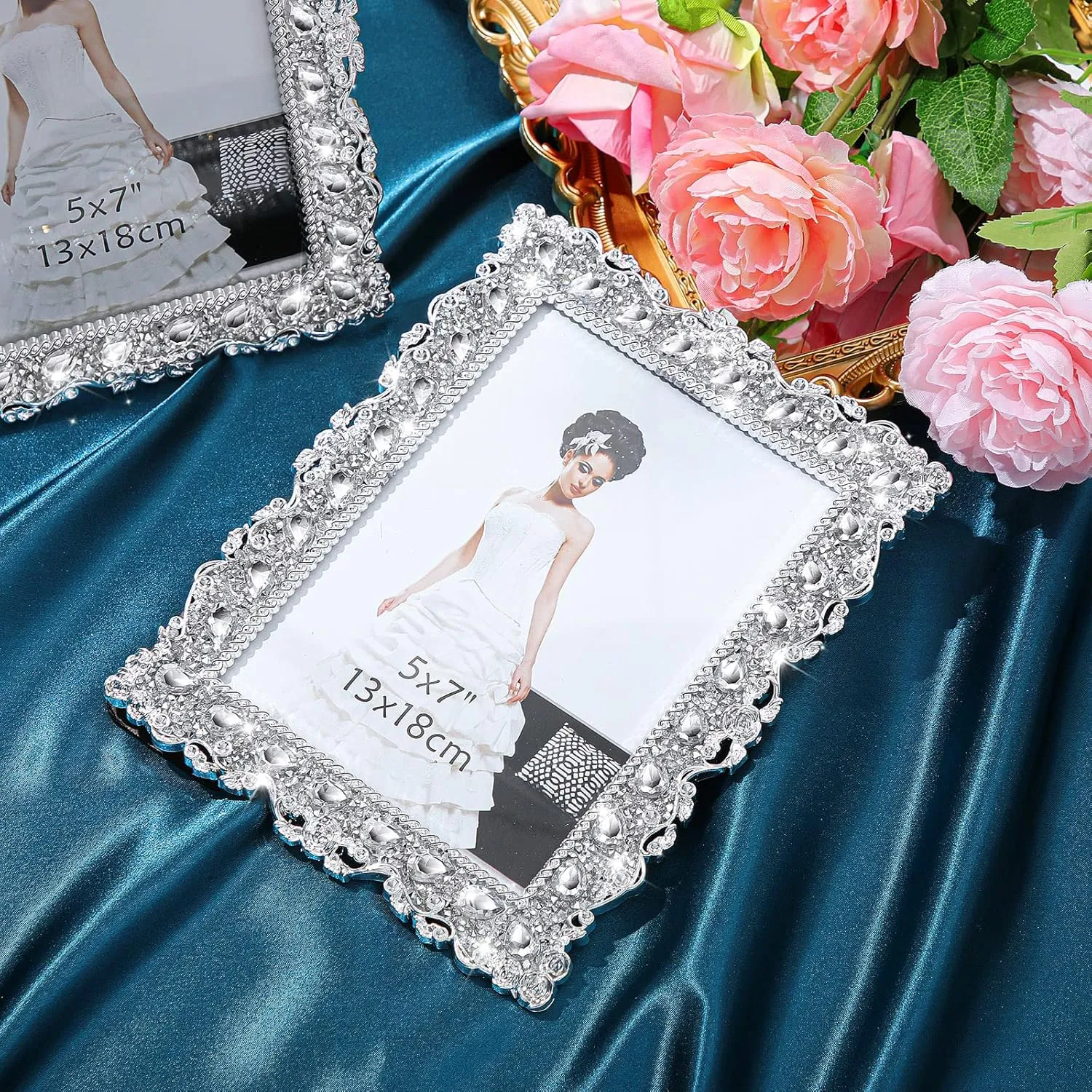 Yookeer 2 Pack 5 x 7 Inch Crystal Picture Frame Resin Wedding Photo Frame Jewel Picture with Rhinestones Photo Gift for Wedding Table Top Desktop Display