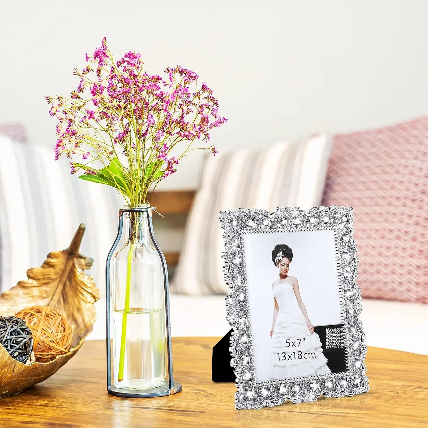 Yookeer 2 Pack 5 x 7 Inch Crystal Picture Frame Resin Wedding Photo Frame Jewel Picture with Rhinestones Photo Gift for Wedding Table Top Desktop Display