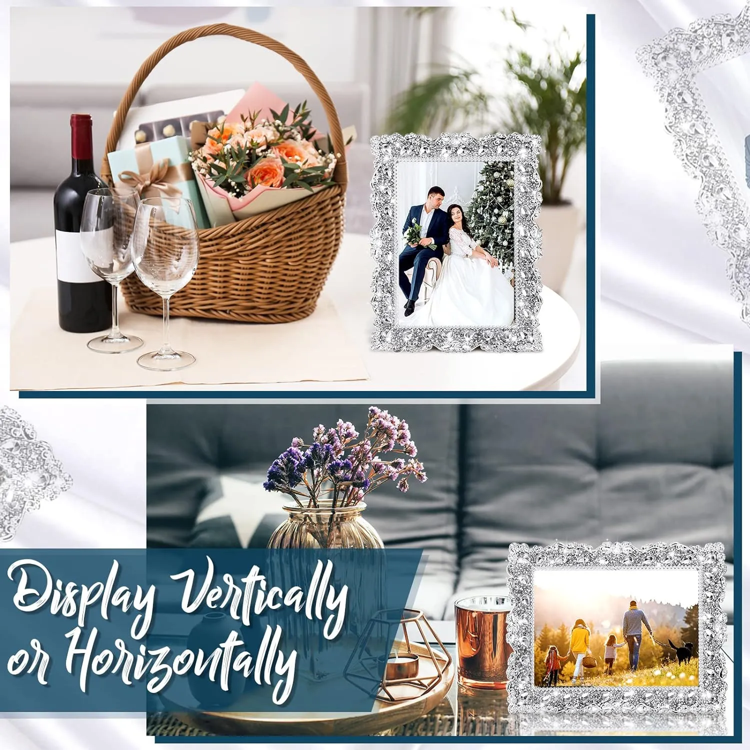 Yookeer 2 Pack 5 x 7 Inch Crystal Picture Frame Resin Wedding Photo Frame Jewel Picture with Rhinestones Photo Gift for Wedding Table Top Desktop Display