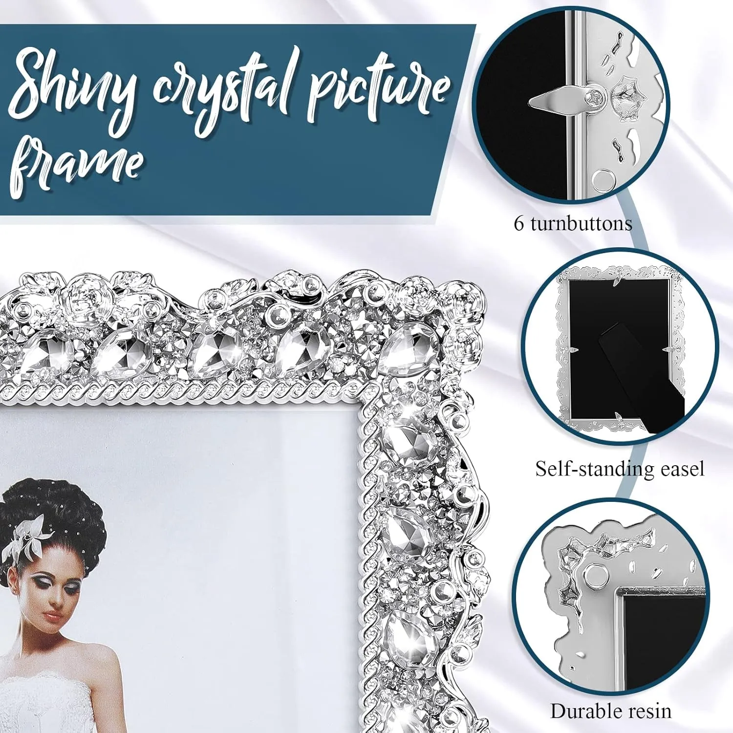 Yookeer 2 Pack 5 x 7 Inch Crystal Picture Frame Resin Wedding Photo Frame Jewel Picture with Rhinestones Photo Gift for Wedding Table Top Desktop Display