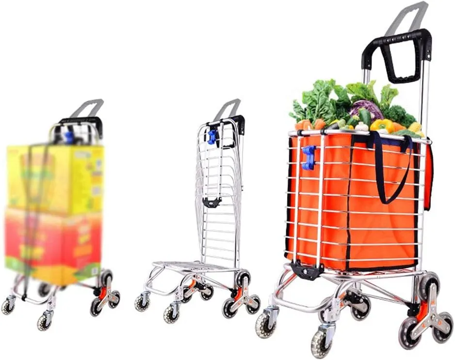 ZHAOHUI Shopping Trolley Foldable Dual Use Steel Pipe Climb Building Stainless Steel Crystal Wheel High Capacity, Load 30 Kg, 8 Wheels (Color : Orange)