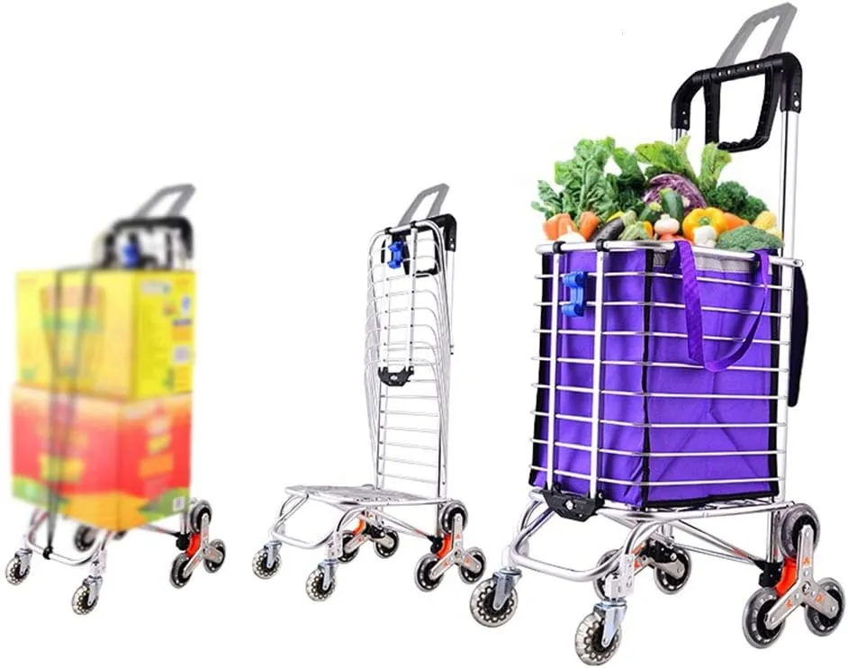 ZHAOHUI Shopping Trolley Foldable Dual Use Steel Pipe Climb Building Stainless Steel Crystal Wheel High Capacity, Load 30 Kg, 8 Wheels (Color : Purple)