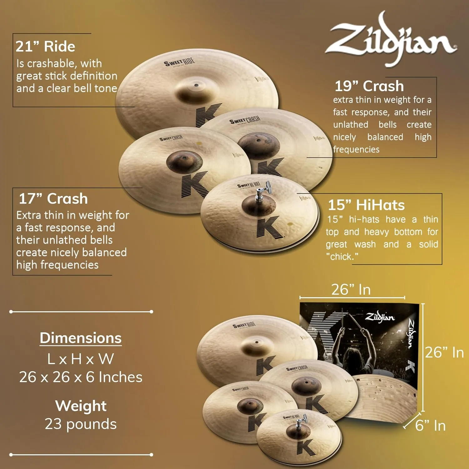 Zildjian KS5791 K Sweet Cymbal Pack 15/17/19/21 Inch Bundle with Bag, Drumsticks, and Austin Bazaar Polishing Cloth