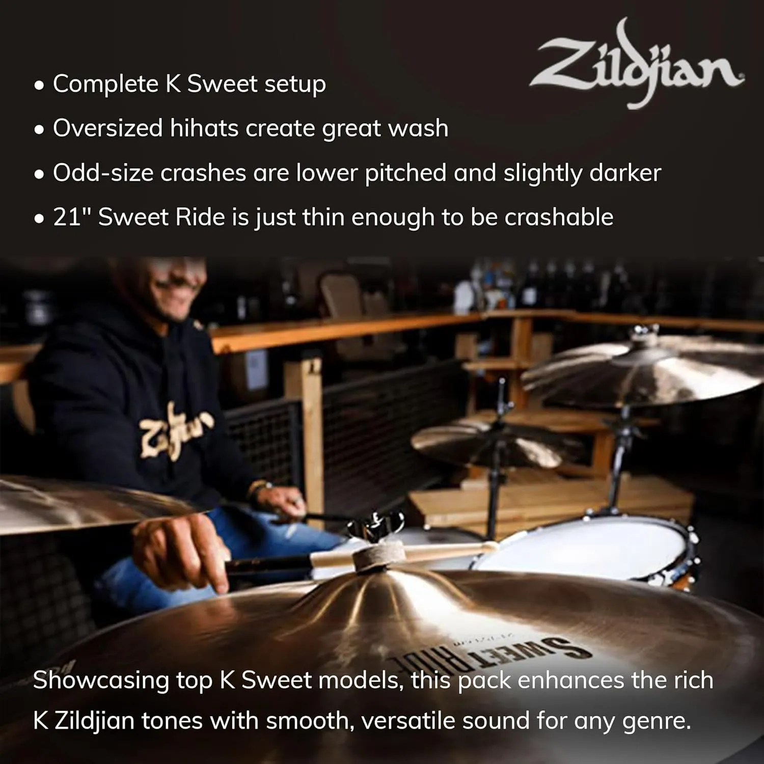 Zildjian KS5791 K Sweet Cymbal Pack 15/17/19/21 Inch Bundle with Bag, Drumsticks, and Austin Bazaar Polishing Cloth