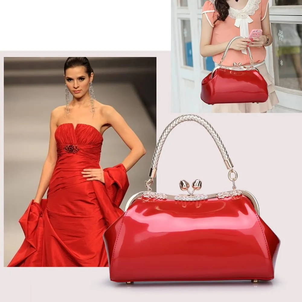ZiMing Glossy Patent Leather Handbags Women Kiss Lock Purse Top Handle Handbag Evening Bag Satchel Shoulder Crossbody Bag