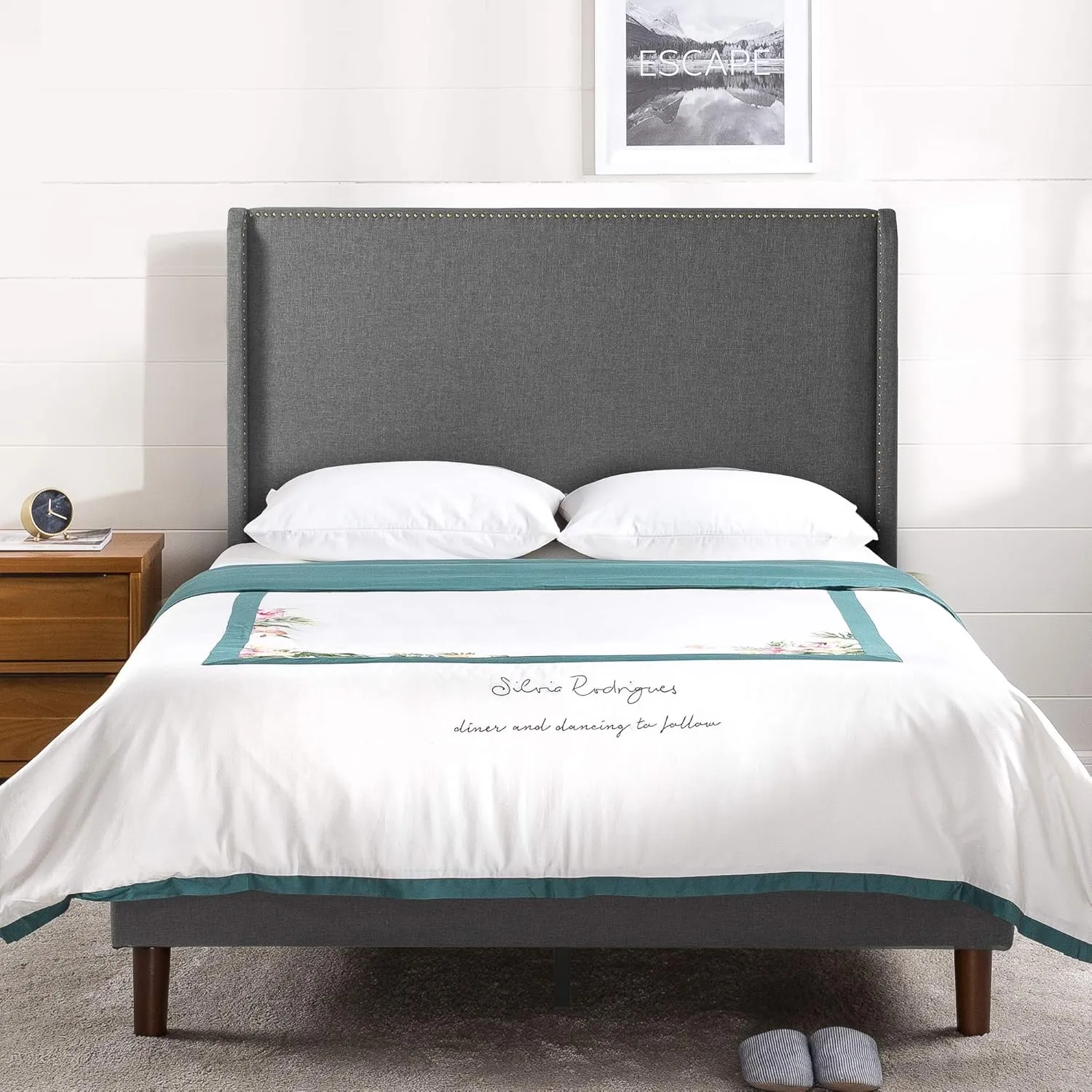 ZINUS Marcus Upholstered Platform Bed Frame, Mattress Foundation, Wood Slat Support, No Box Spring Needed, Easy Assembly, Queen