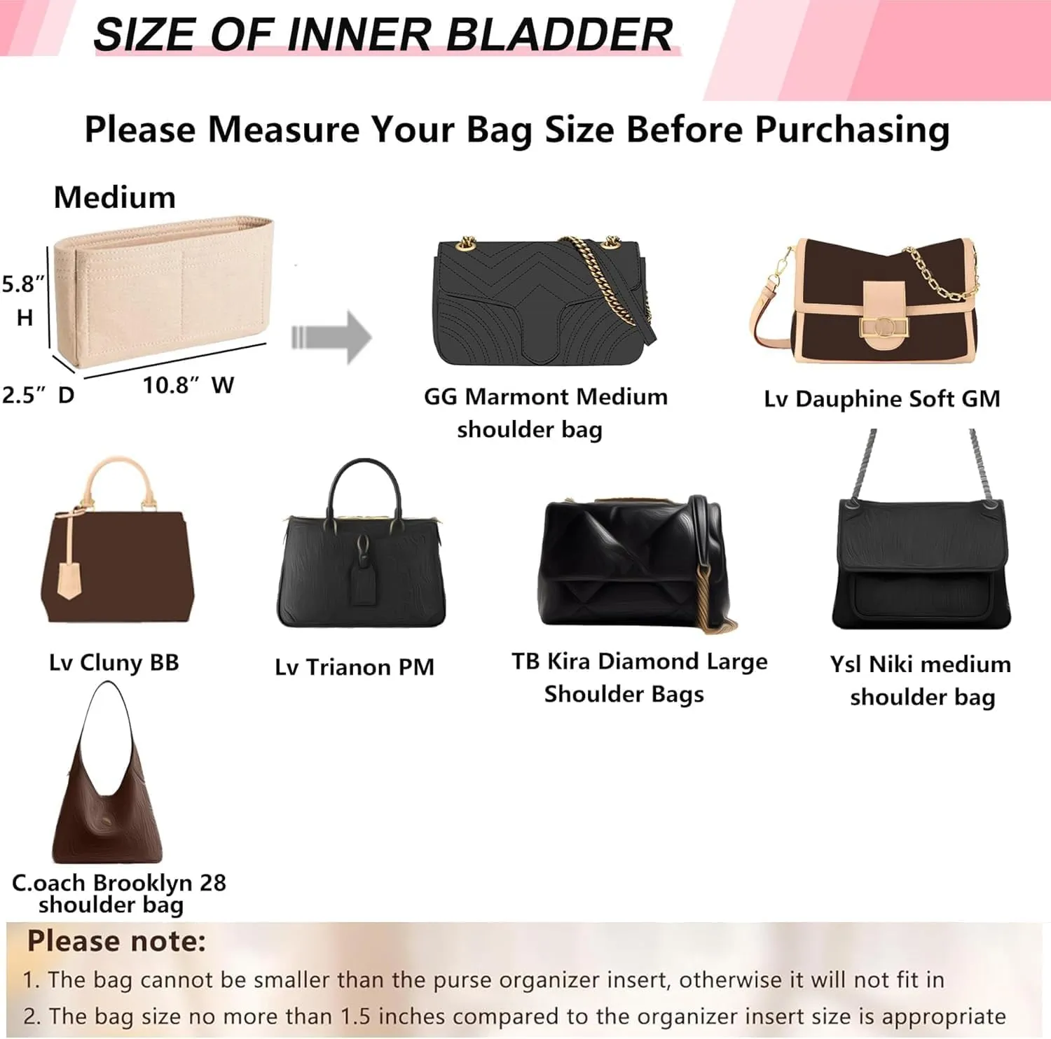 Zipper Small Purse Organizer Insert Compatible with GG Marmont Medium Matelasse Shoulder Bag and More, Felt Small Handbag Insert Liner Pouch for Women Inner Bladder Storage(Grey,Medium)