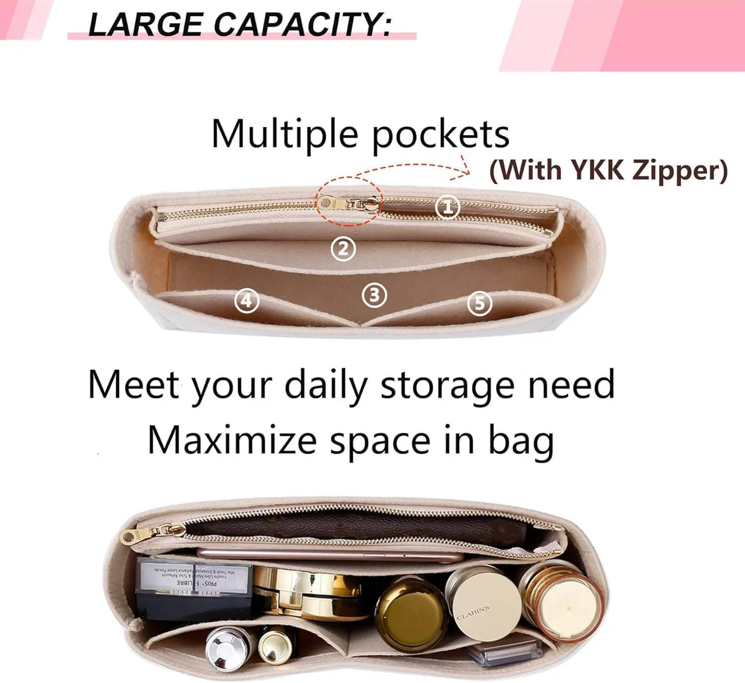 Zipper Small Purse Organizer Insert Compatible with GG Marmont Medium Matelasse Shoulder Bag and More, Felt Small Handbag Insert Liner Pouch for Women Inner Bladder Storage(Grey,Medium)
